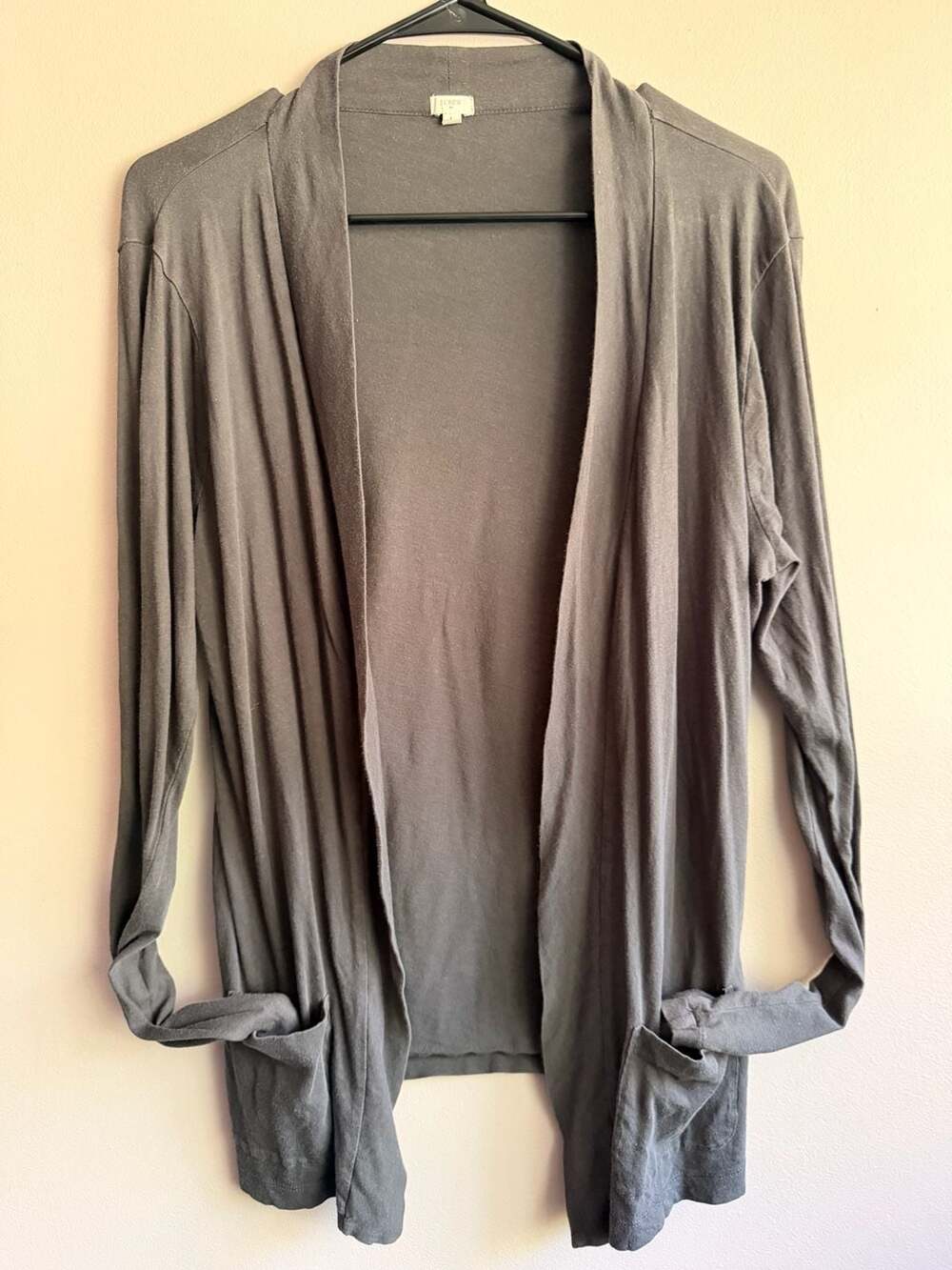 J.Crew Open Front Cardigan Size L Gray Cotton Pockets